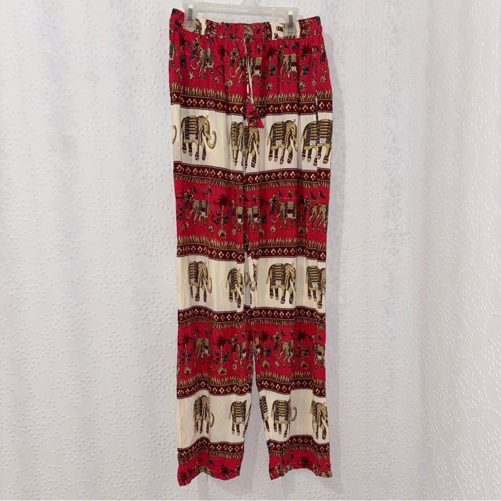 Boho Elephant Print Wide Leg Pants Festival Resort Lounge Relaxed Bohemian OS
